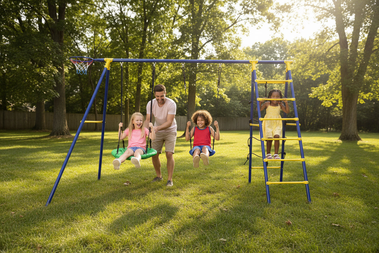 5-In-1 Outdoor Kids Swing Set with A-Shaped Metal Frame and Ground Stake